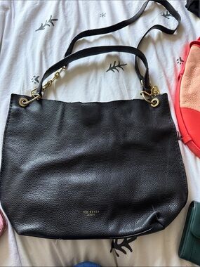 Ted Baker Black Pebbled Leather Shoulder Tote with Gold Hardware